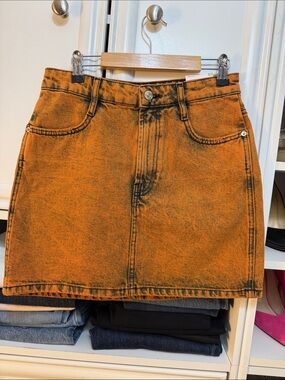 Zara Orange Acid-Wash Denim Mini Skirt